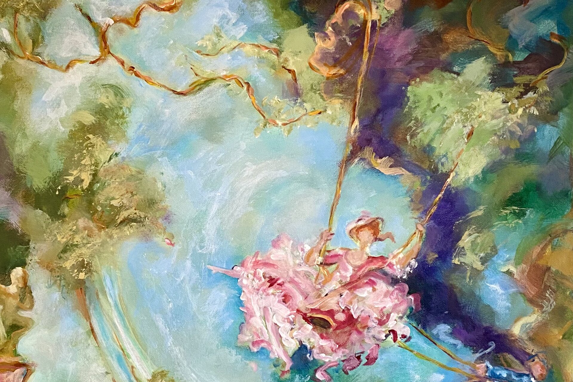 A romantic floral oil painting by Heather Lavender - cascading roses, wisteria and pale blue blooms